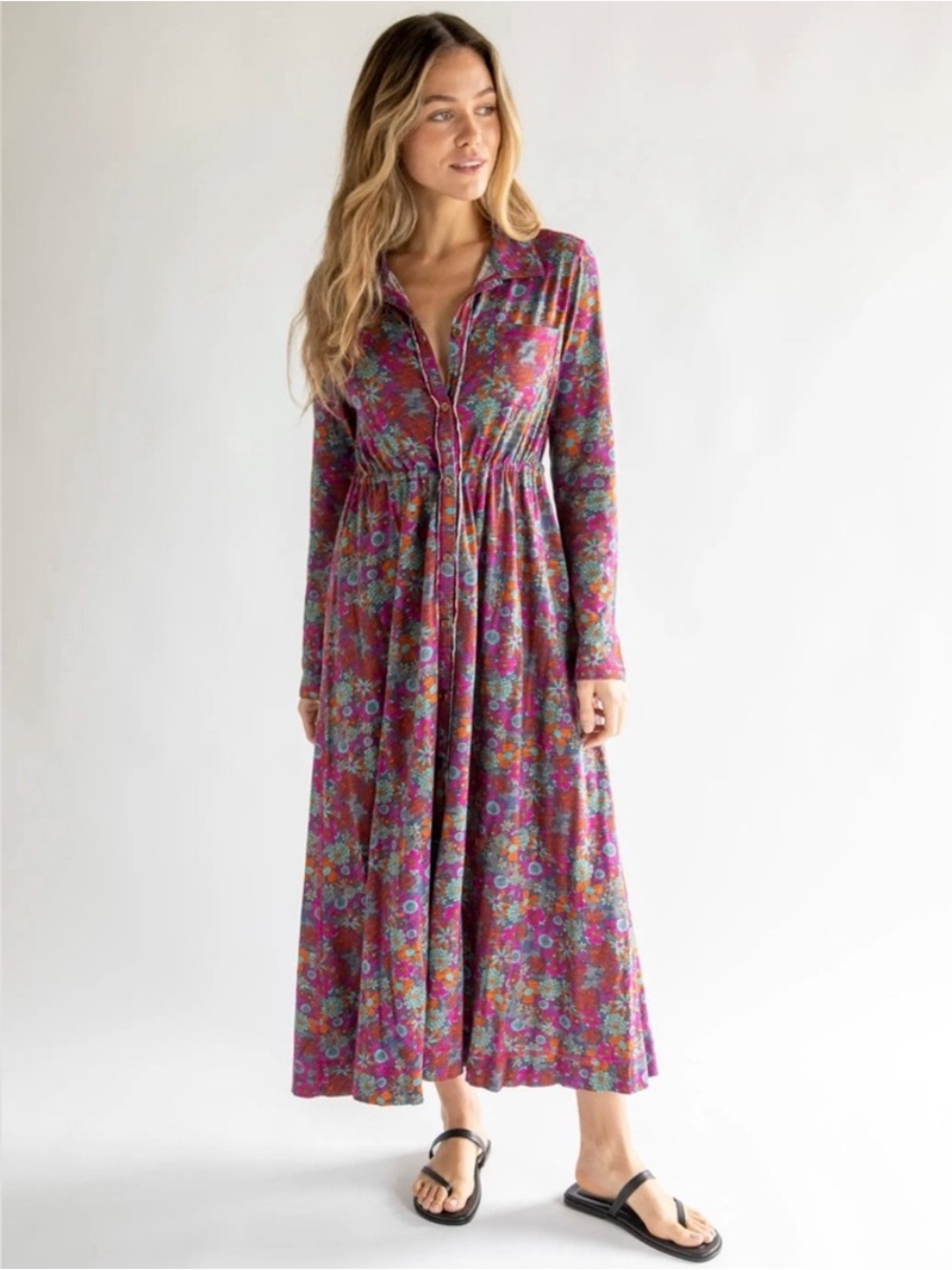NWT Natural Life Christa Cotton Button Down Long Sleeve Collared Maxi Dress